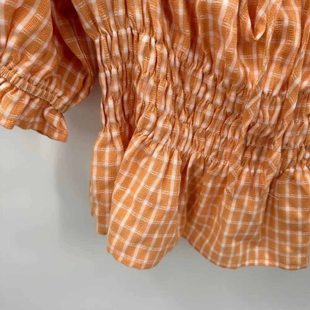 ASTR THE LABEL NWT Orange Plaid  Check Puff Sleeve Smocked Blouse // M